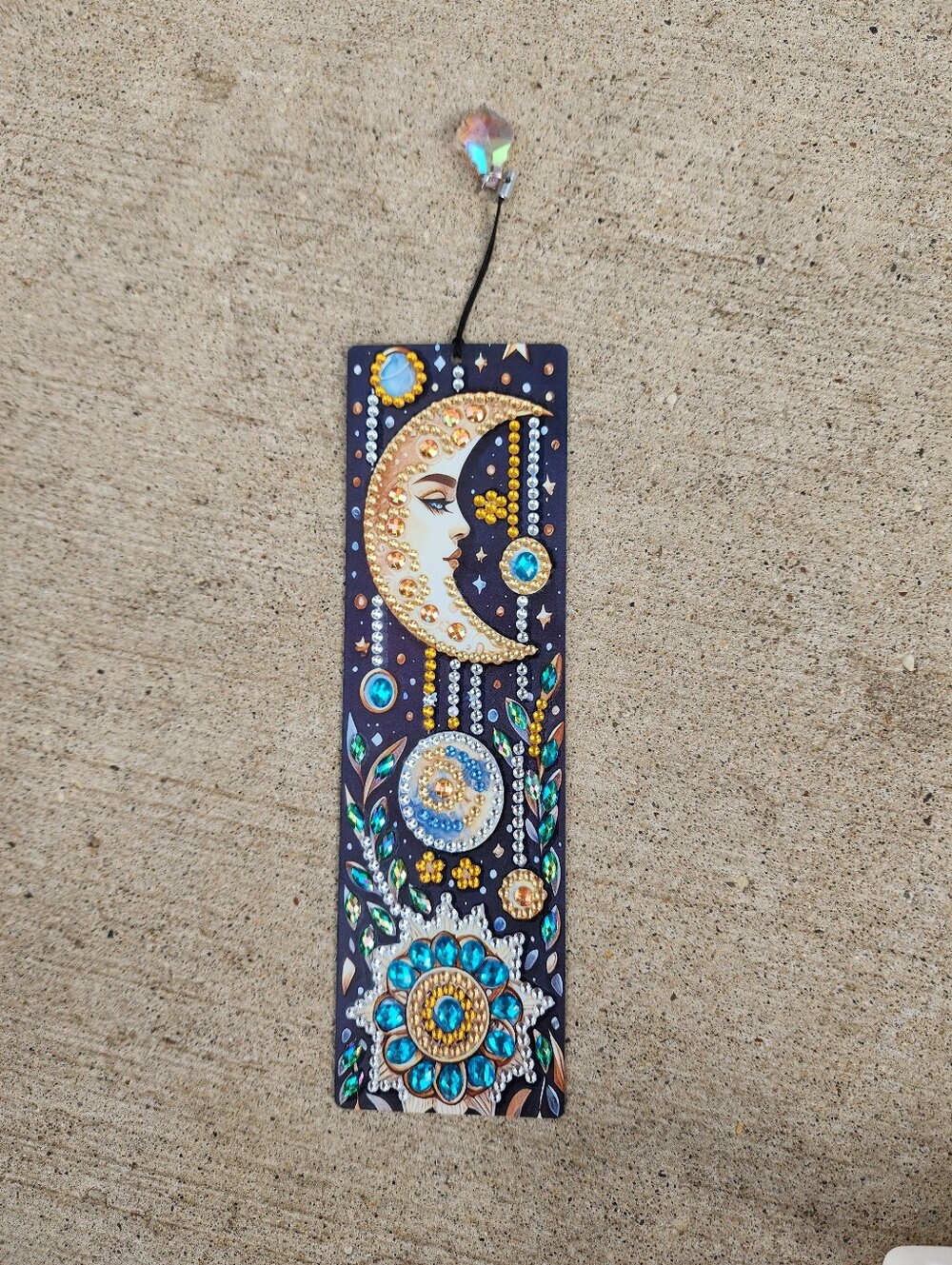 Handcrafted Moon & Floral Crystal Bookmark – Blue & Gold